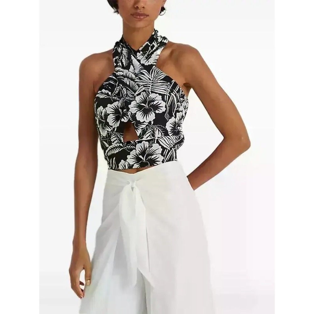 Ralph Lauren Top Womens XXS NWT Black White Floral Halter Neck AOP Cut Out